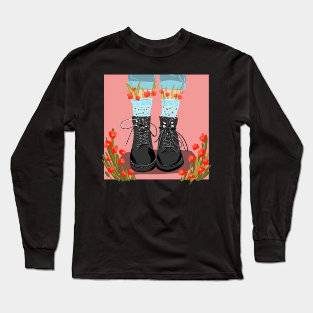 illustration black shoes with flowers.  boots with socks.flowers in socks Long Sleeve T-Shirt by Nushech